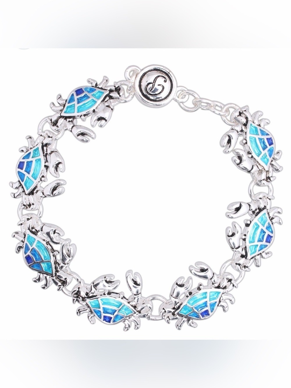 Aqua Silver Tone Mosaic Crab Bracelet 8 Inch